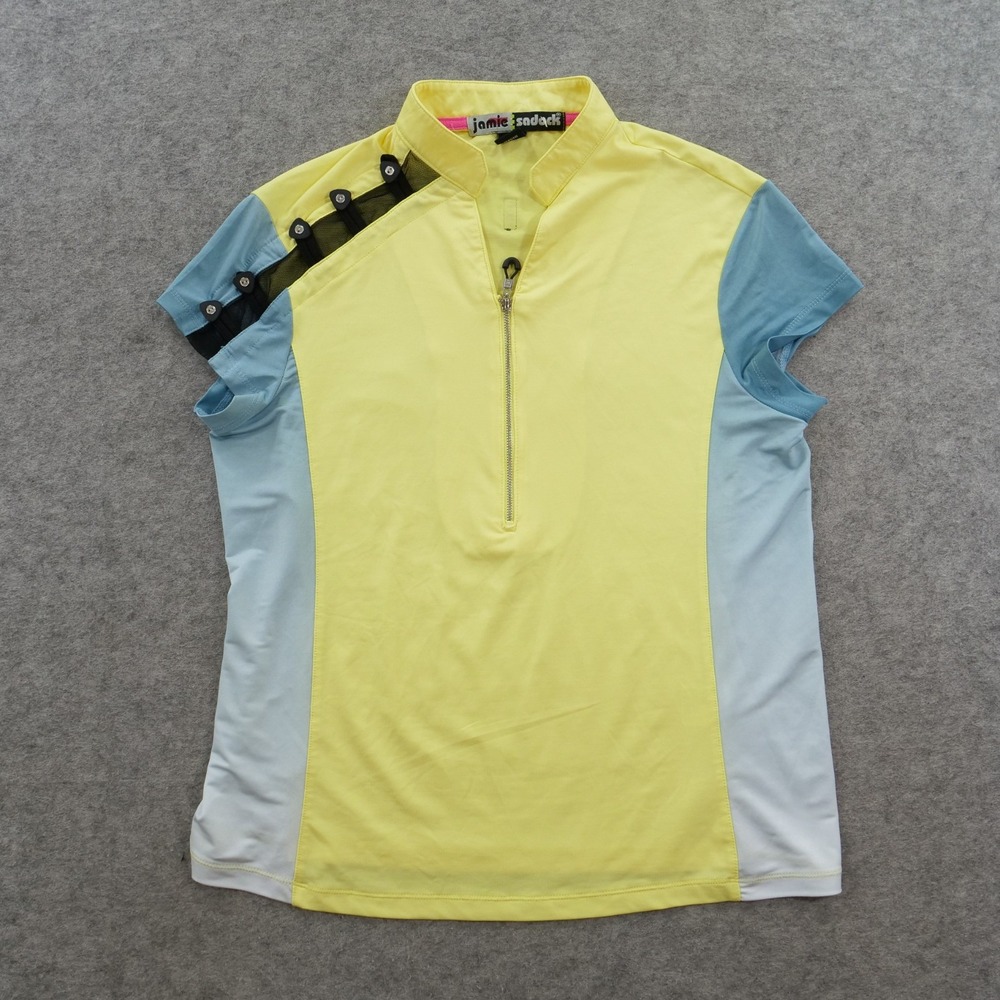 Jamie Sadock Golf Shirt Womens Medium Yellow Blue Mesh Accent Quarter Zip Top
